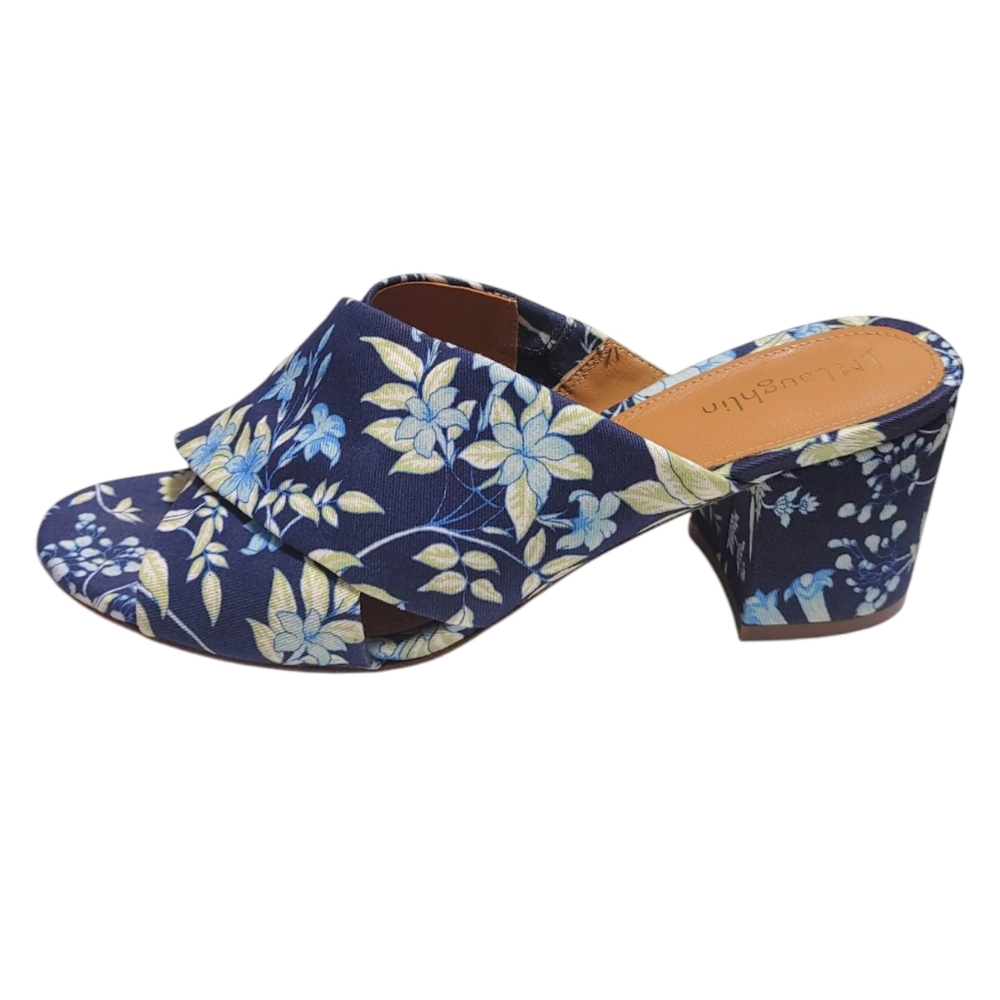J. McLaughlin Blue Floral Open Toe Slip On Chunky Short Heels Womens Size 7.5